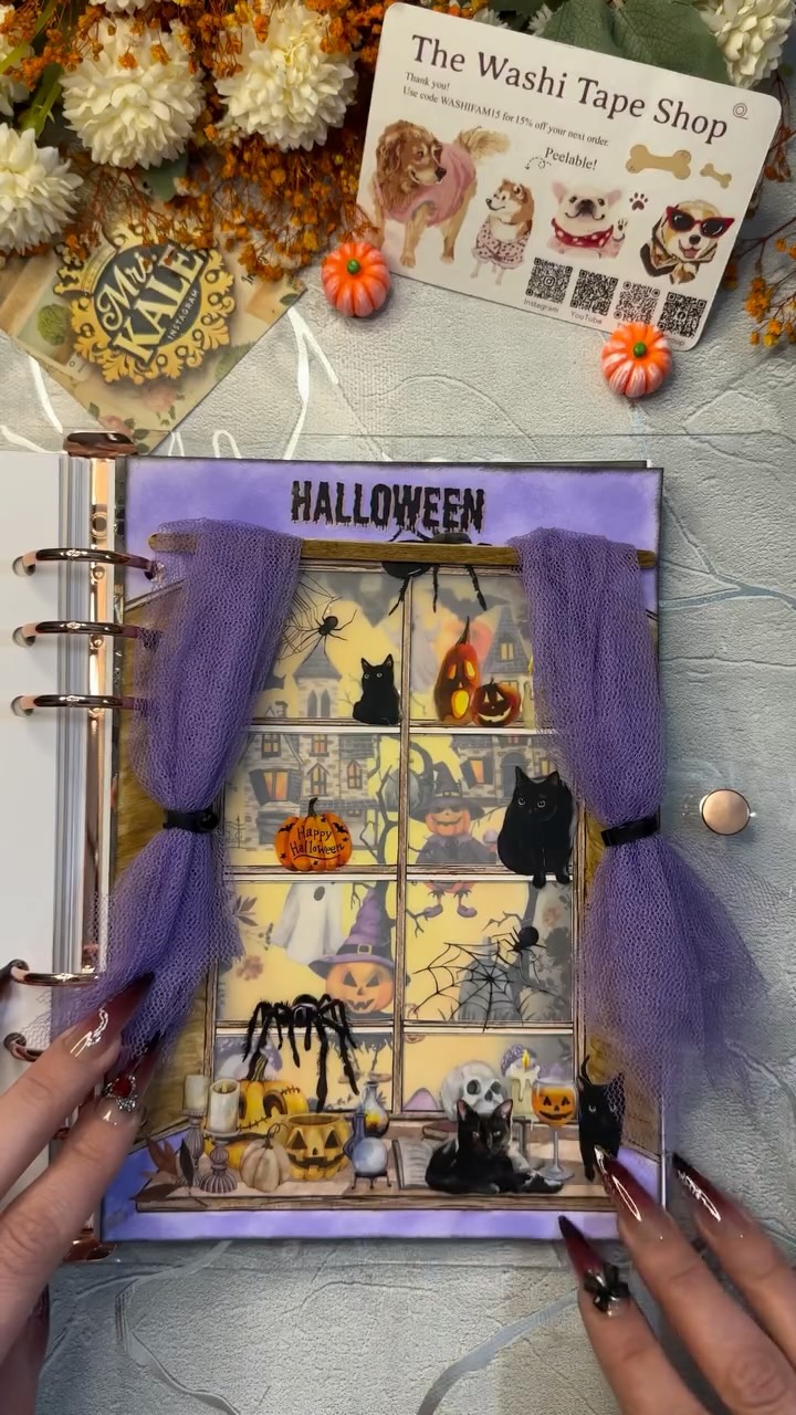 Instagram post by @mrskale.art for The Washi Tape Shop. Caption reads: ASMR| •Halloween 💜🧡 | #collab....