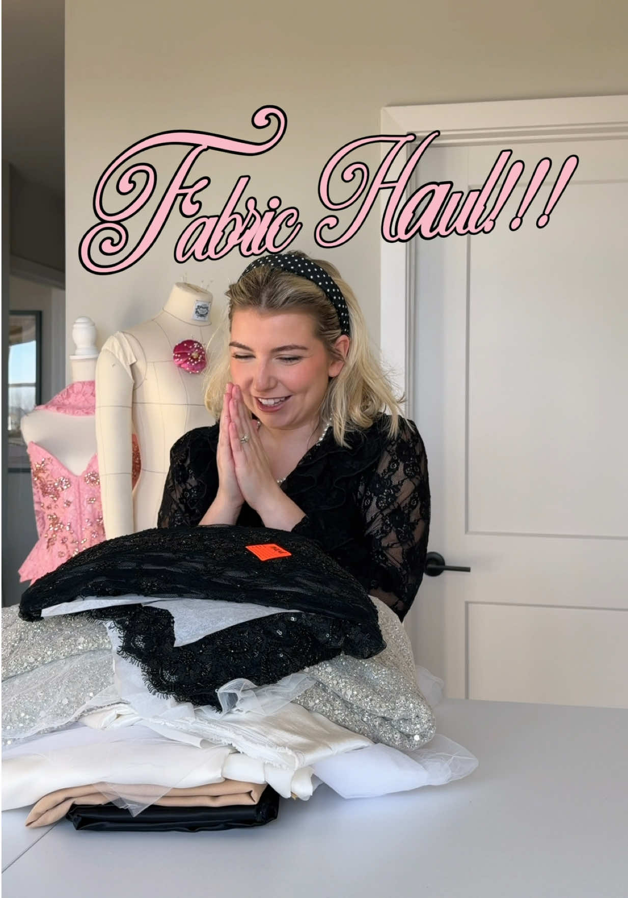 TikTok post by @brookiebarry for Mood Fabrics. Caption reads: [...] excited about every single one 😭🪡 @Mood....