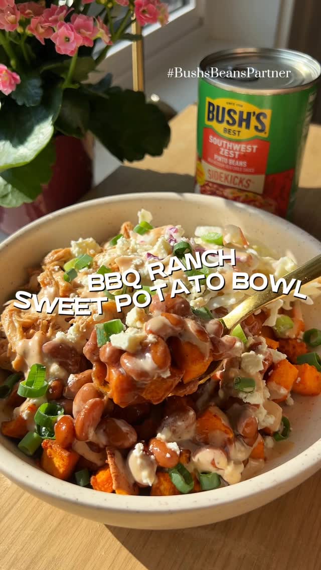 Instagram post by @kennascooks for Bush's Beans. Caption reads: #BushsBeansPartner BBQ Ranch Sweet Potato Bowl....