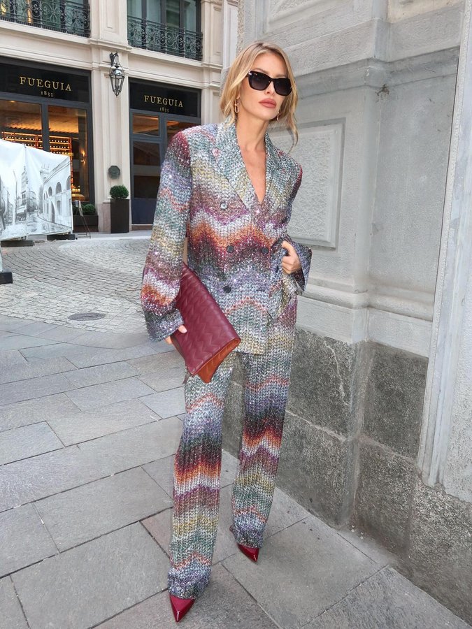 Instagram post by @majamalnar for Missoni. Caption reads: Suited up for @missoni 💕 and little hairstyle....