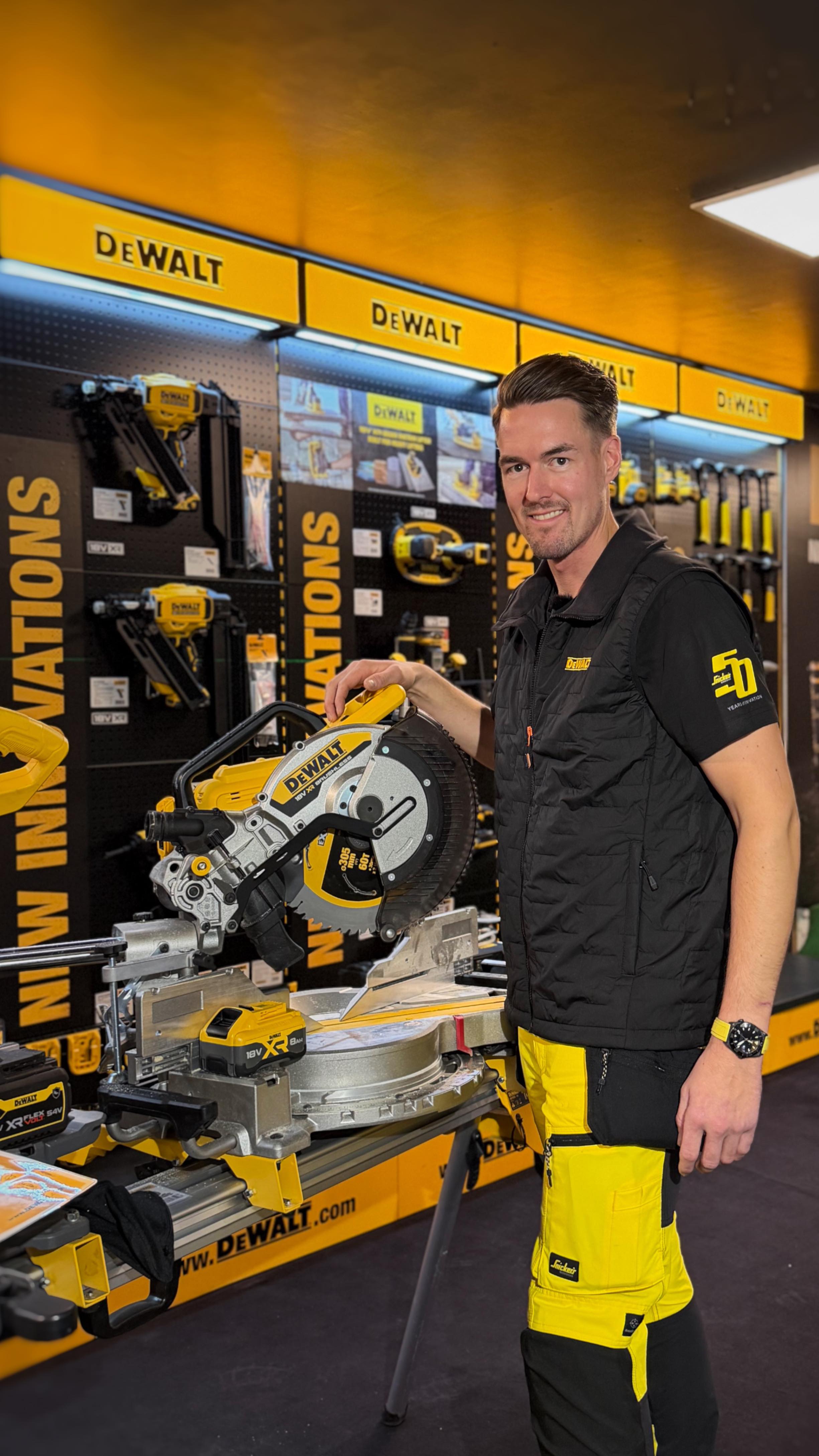 Instagram post by @snekkerbore for DEWALT. Caption reads: [...] power and perfect cuts every time.....