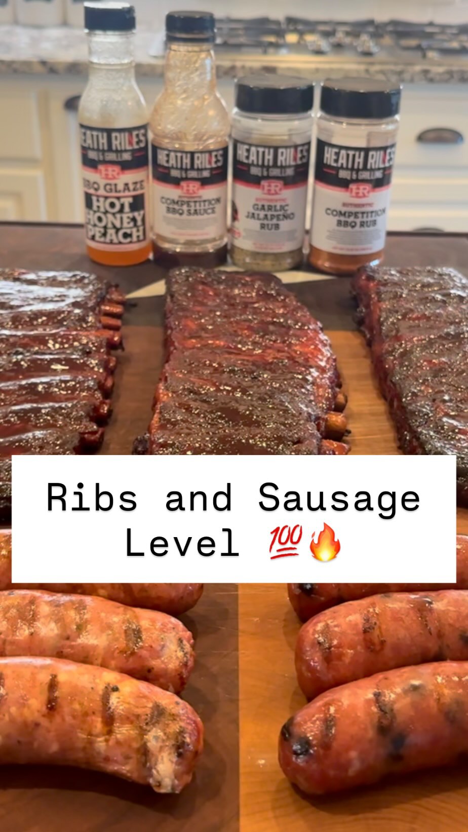 Instagram post by @weber_ninja for Heath Riles BBQ. Caption reads: Ribs and sausage level 💯🔥

✅ @heathrilesbbq....