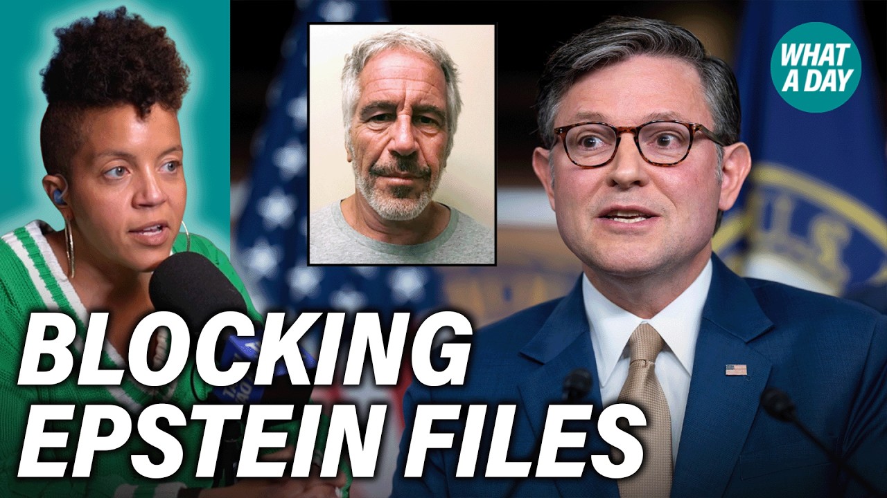 YouTube post by @whatadaypodcast for Nutrafol. Caption reads: Is Mike Johnson Using the Shutdown to Stop the....