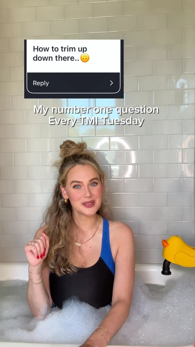 Instagram post by @indiabatson for Bushbalm. Caption reads: How to trim up down there with @bushbalm ??!?....