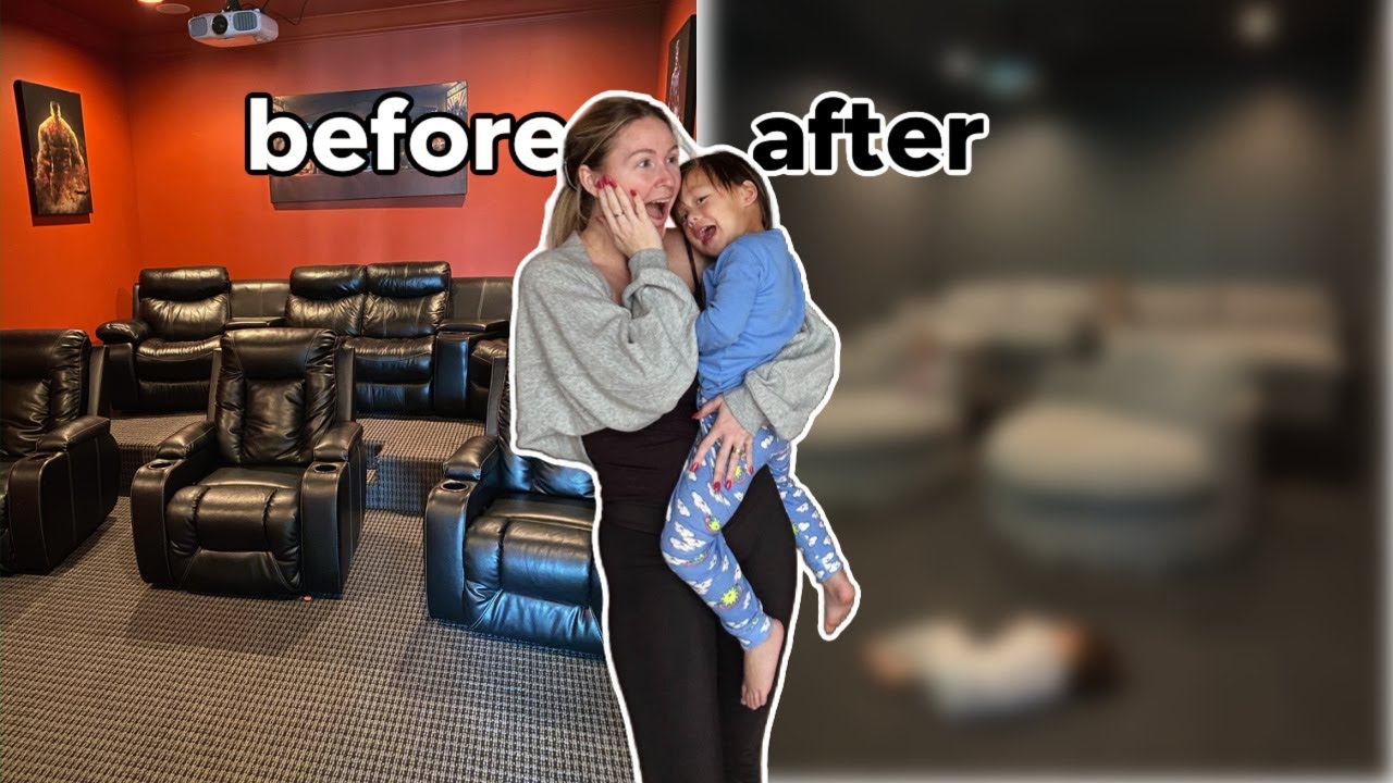YouTube post by @kkandbabyj for Sixpenny. Caption reads: amazing diy theater room makeover before + after!....