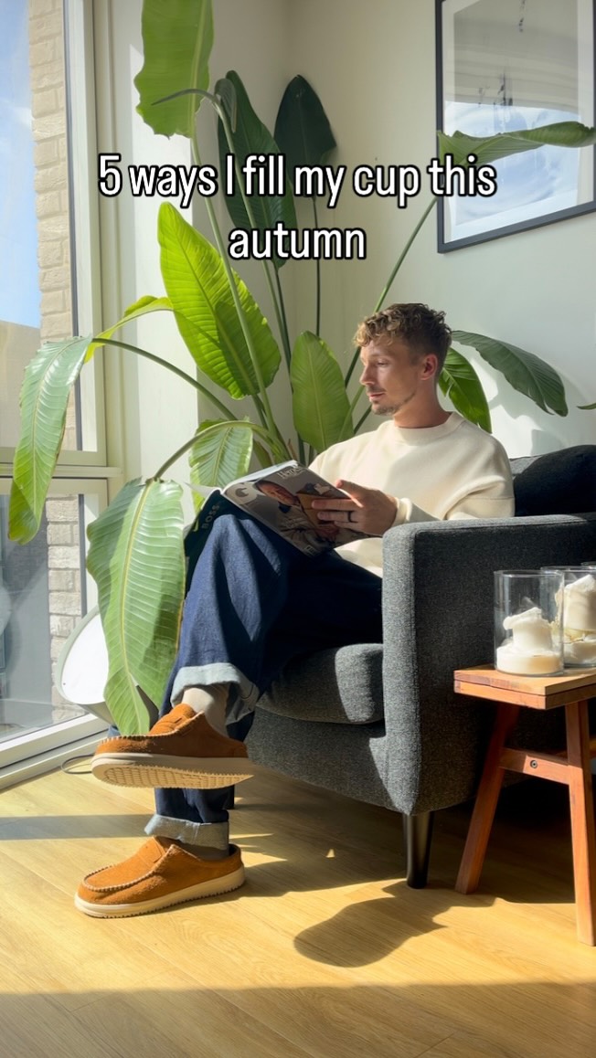Instagram post by @chrisgmcrawford for HEYDUDE. Caption reads: Ad. 5 ways I fill my cup this autumn. I love the....