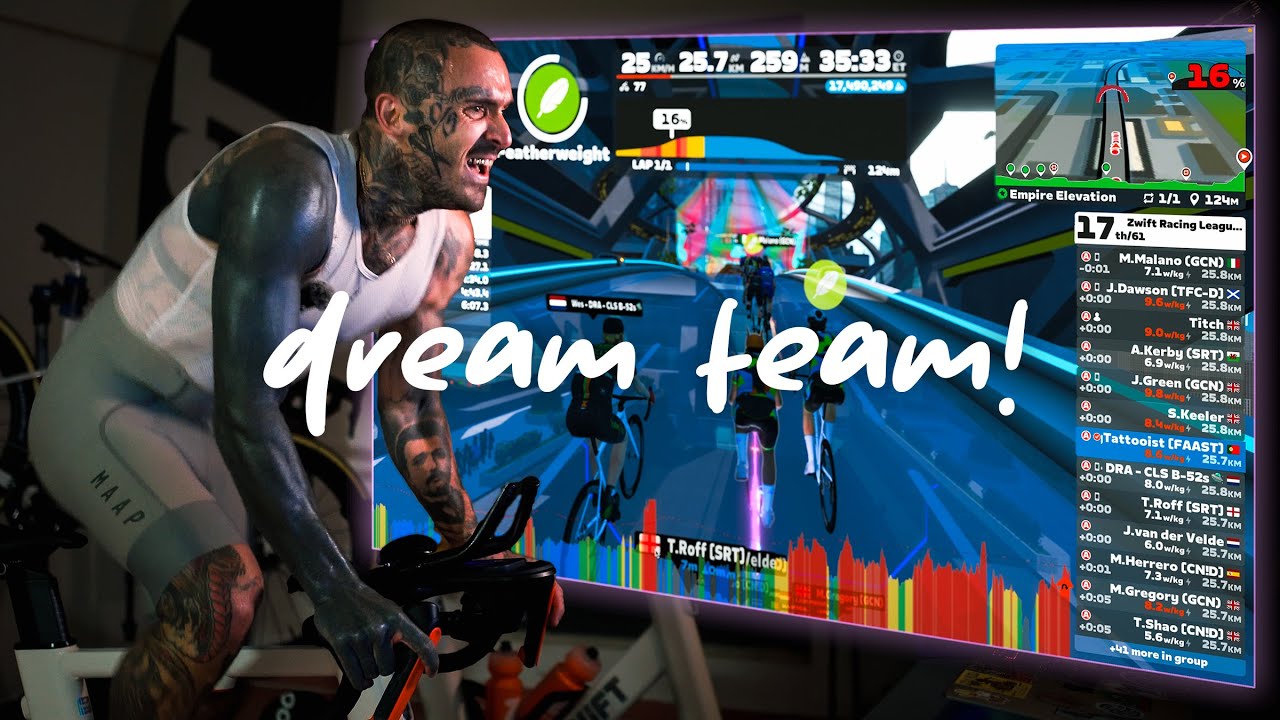 YouTube post by @TheCyclingTattooist for Styrkr. Caption reads: THE ZWIFT RACE THAT BROKE ME!.