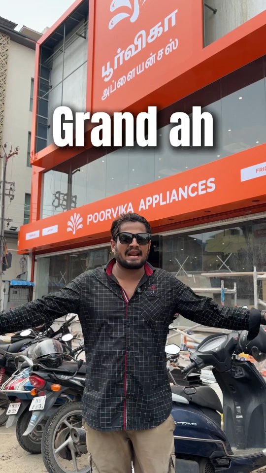 Instagram post by @explorethamizhaa for Poorvika. Caption reads: Grand opening of poorvika appliances namma....