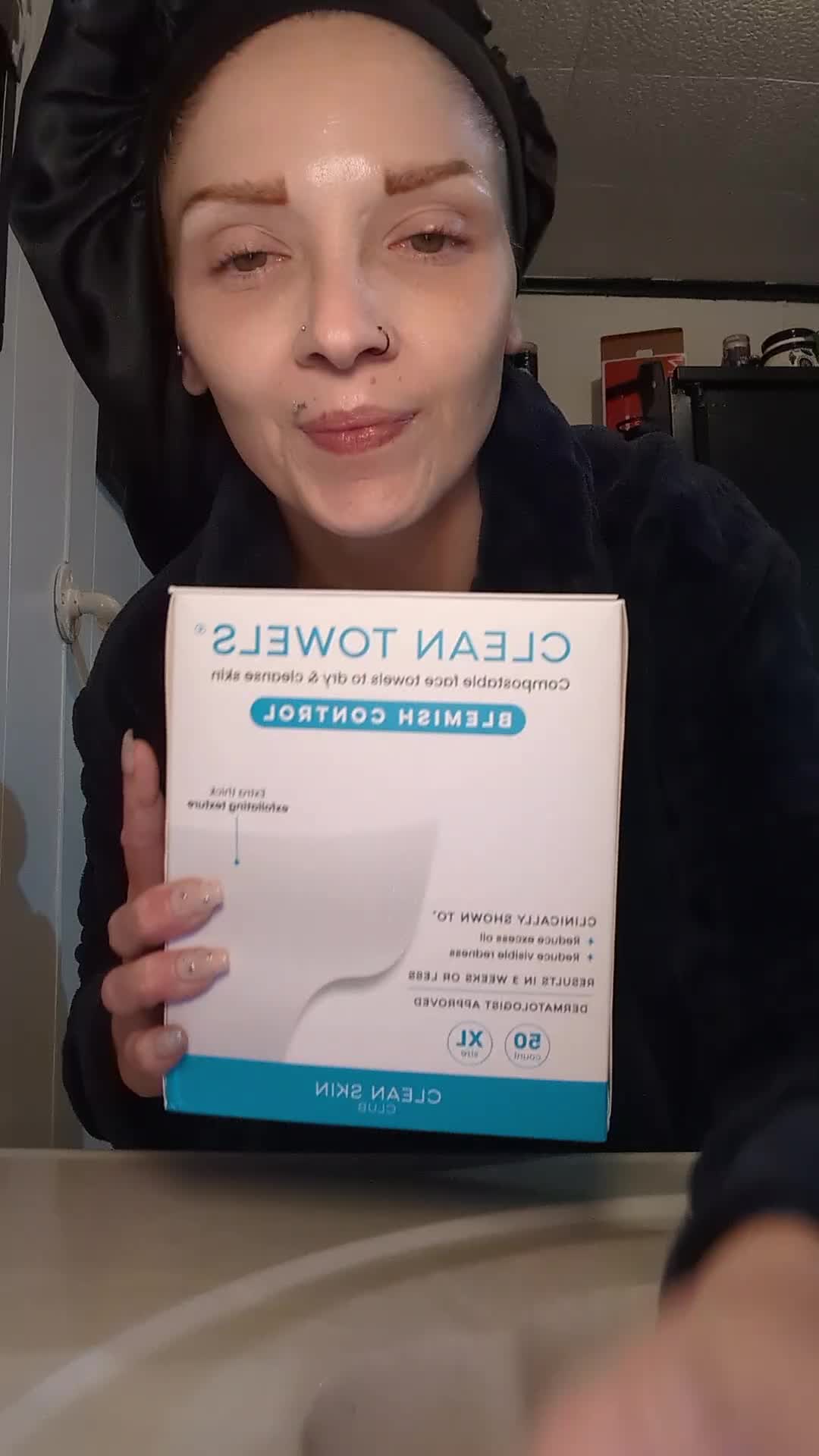 TikTok post by @kickinitwithkarri for cleanskinclub. Caption reads: @Clean Skin Club #cleanskinclub #disposabletowels....