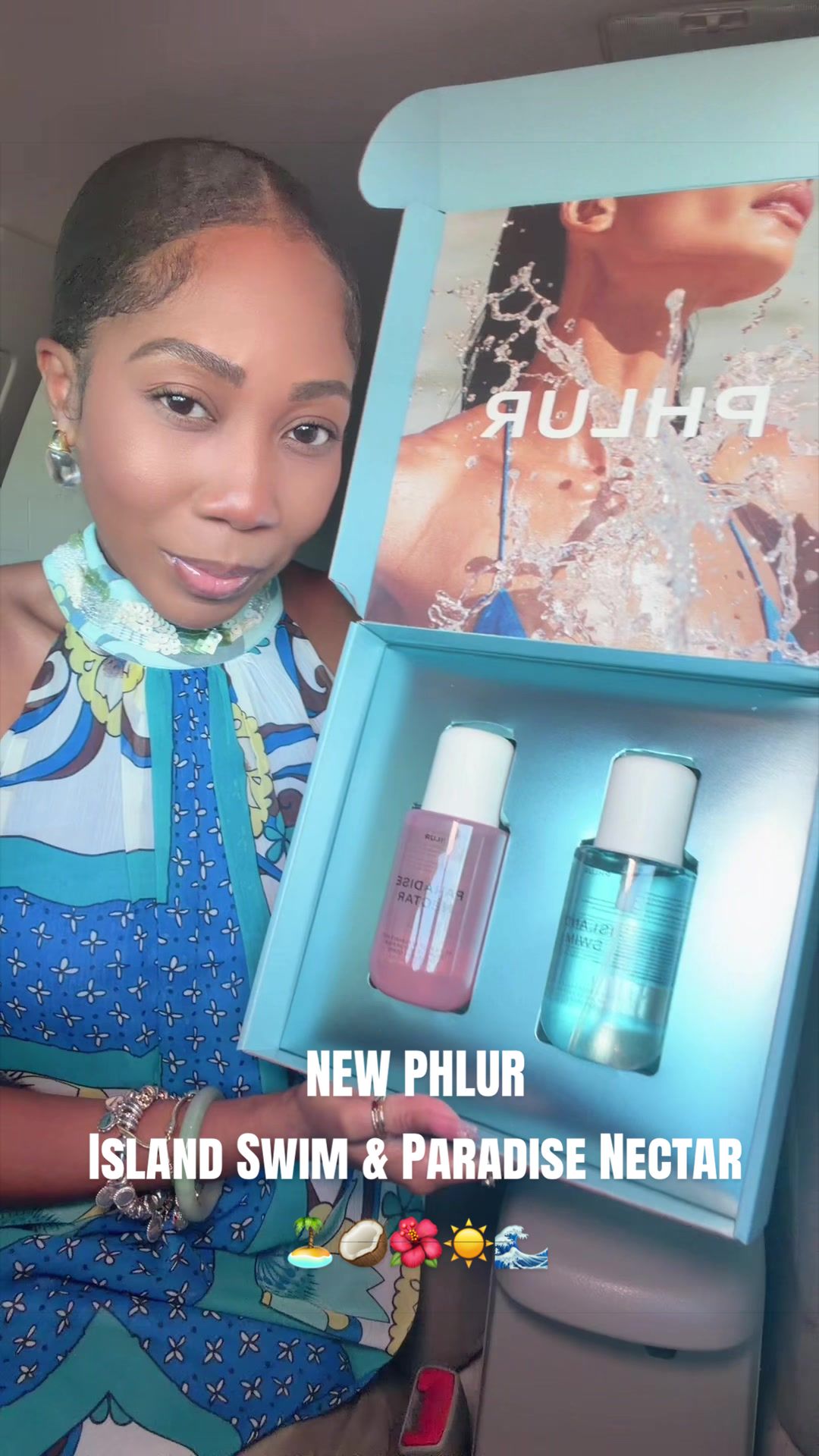 TikTok post by an influencer for Phlur Fragrances. Caption reads: [...] Nectar 🏝️🐠🥥☀️ @Phlur Fragrances....