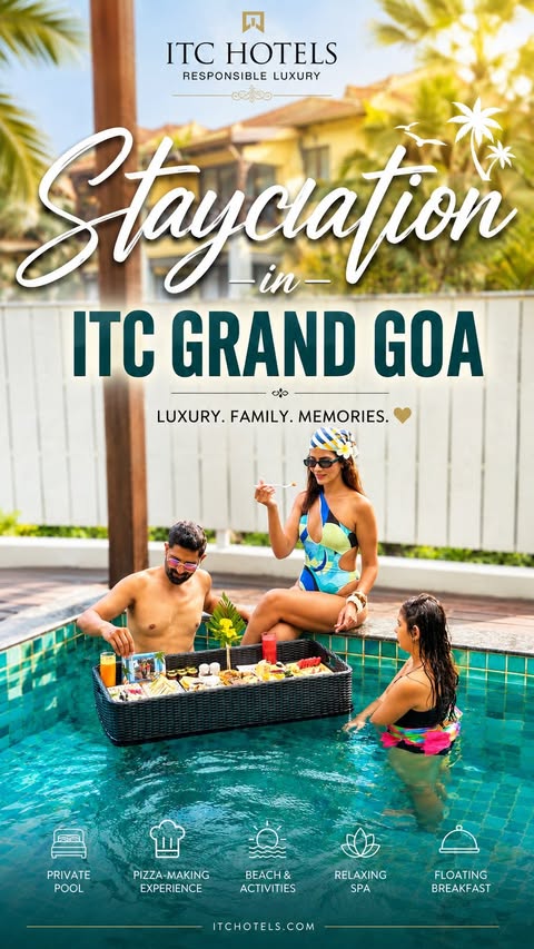 Instagram post by @traveltweet_ for ITC Hotels. Caption reads: [...] #AsGoaAsItGets #responsibleluxury #itchotels....