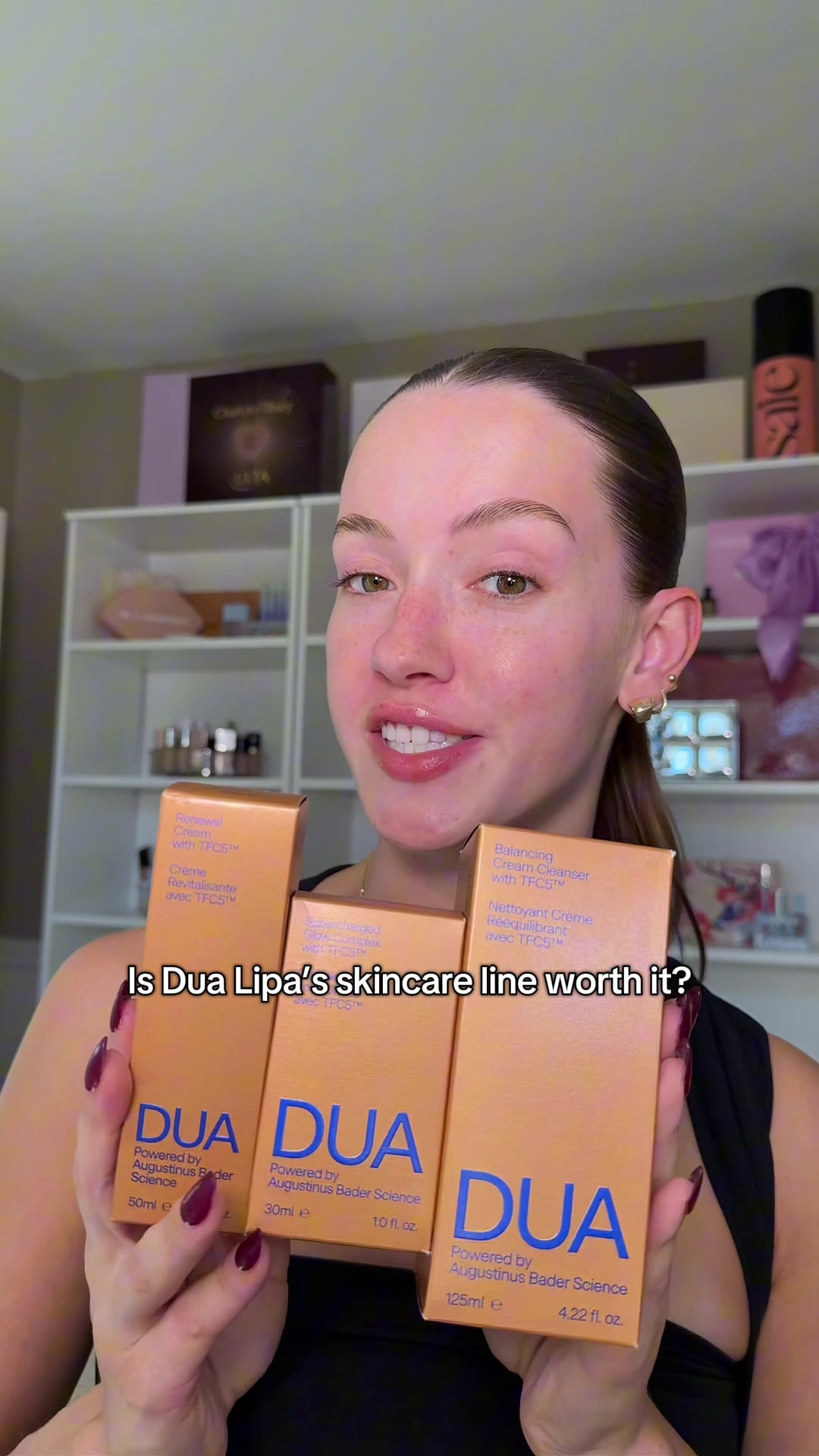 TikTok post by @skylerreneee for Augustinus Bader. Caption reads: [...] new skincare line by @Dua Lipa & @Augustinus....