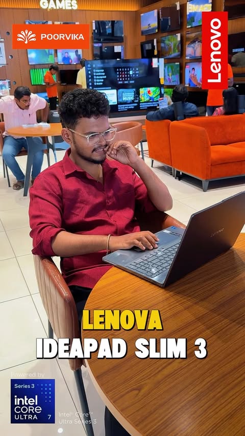 Instagram post by @_just_tech__ for Poorvika. Caption reads: [...] your Lenovo IdeaPad series now at Poorvika....