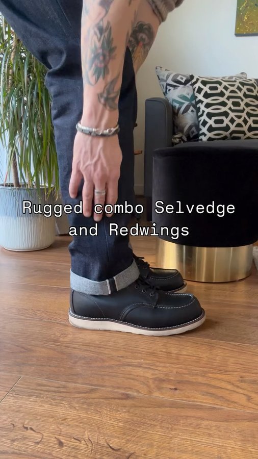 Instagram post by @joey_sam_blue for Red Wing Shoes. Caption reads: Keeping it rugged for #selvedgesunday Have a great....