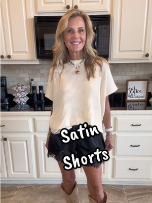 TikTok post by @stacieburnett for YeeZaa. Caption reads: These are the cutest satin shorts from @YeeZaa....