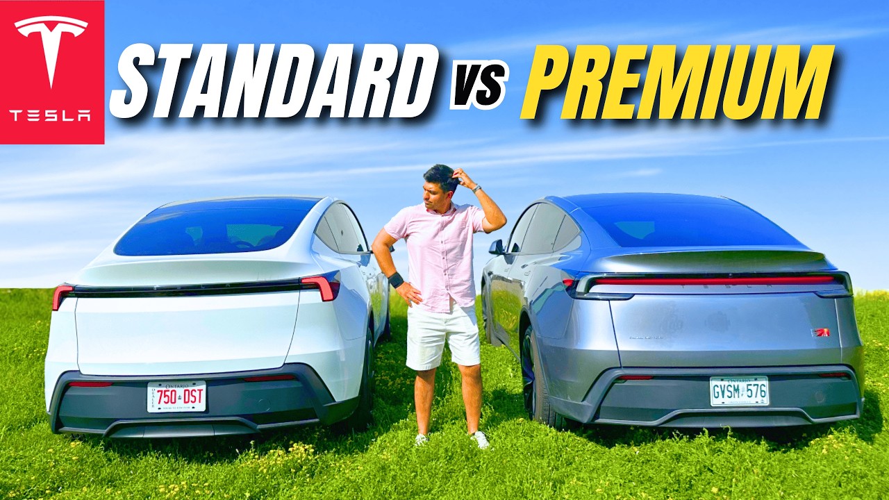 YouTube post by @astateoftech for Lugano_Beauties. Caption reads: 2026 Tesla Model Y Standard vs Premium: Buy This,....