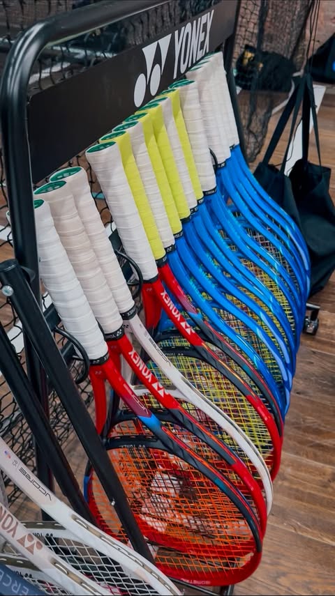 Instagram post by @angelina_shakhraichuk for Yonex. Caption reads: 🎾 4 Yonex rackets. 4 completely different feels.....
