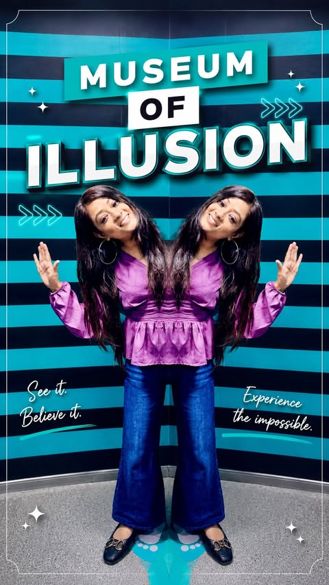Instagram post by @gujjukudii for Museum of Illusions. Caption reads: 📍 Museum of Illusions: 10/10 confusion, 100/10....
