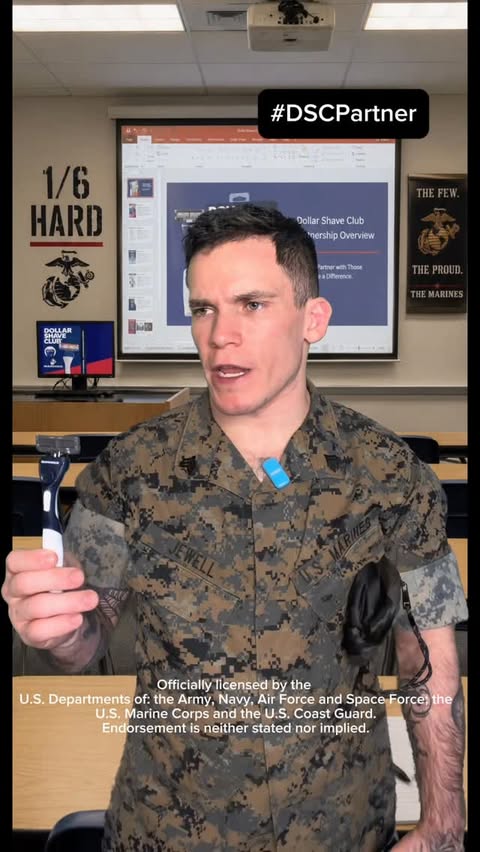 Instagram post by @jewell_jits for Dollar Shave Club. Caption reads: [...] #ad #militaryhumor #usmc #infantry....