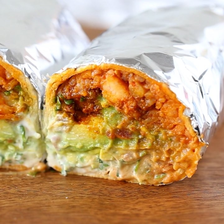 Instagram post by @gimmedelicious for ORTEGA. Caption reads: [...] rice, shrimp, guacamole, sour-cream and....