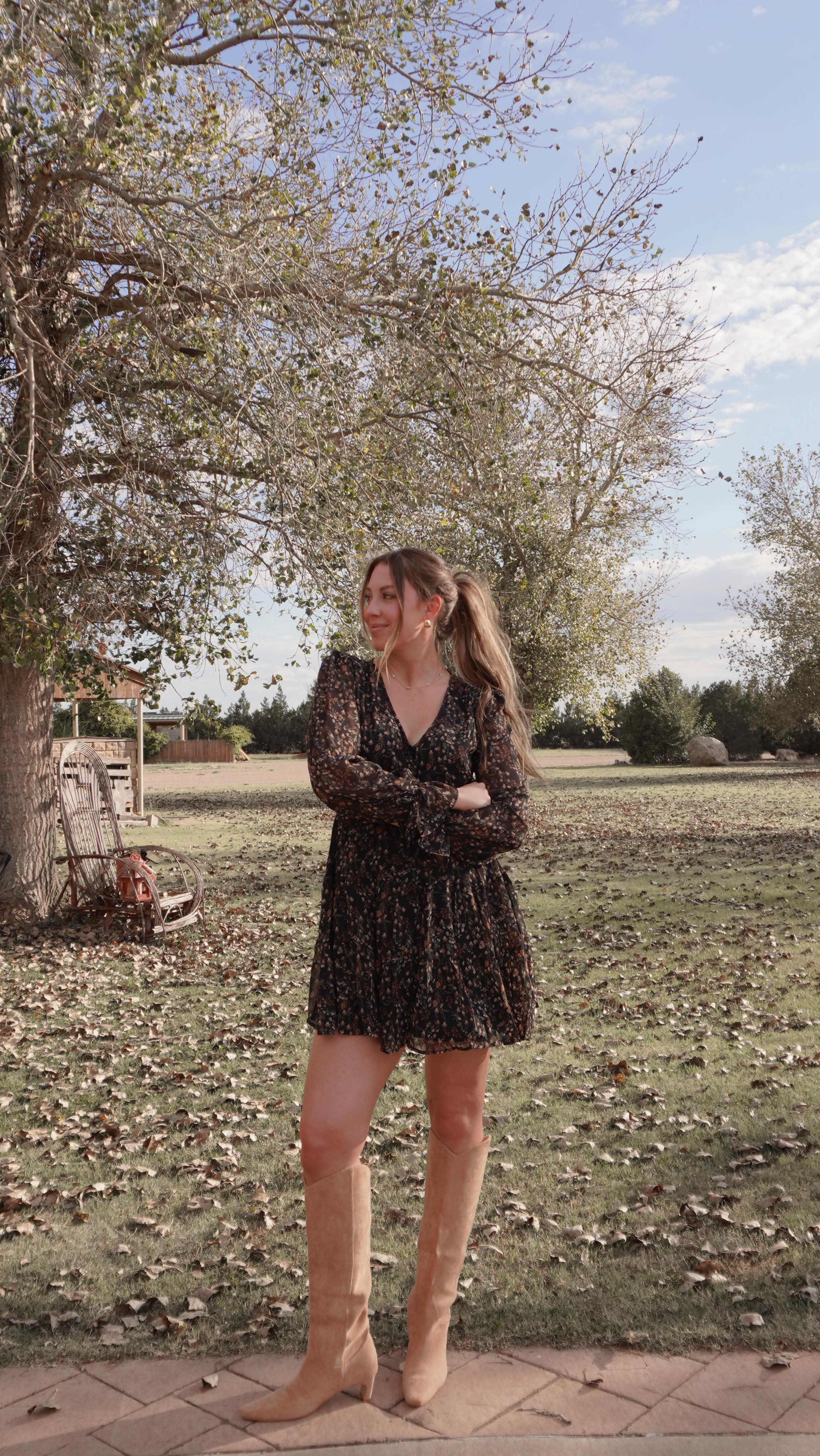 Instagram post by @macymalonee for Baltic Born. Caption reads: Fall wedding guest dress edition🍂🍁
When you find....