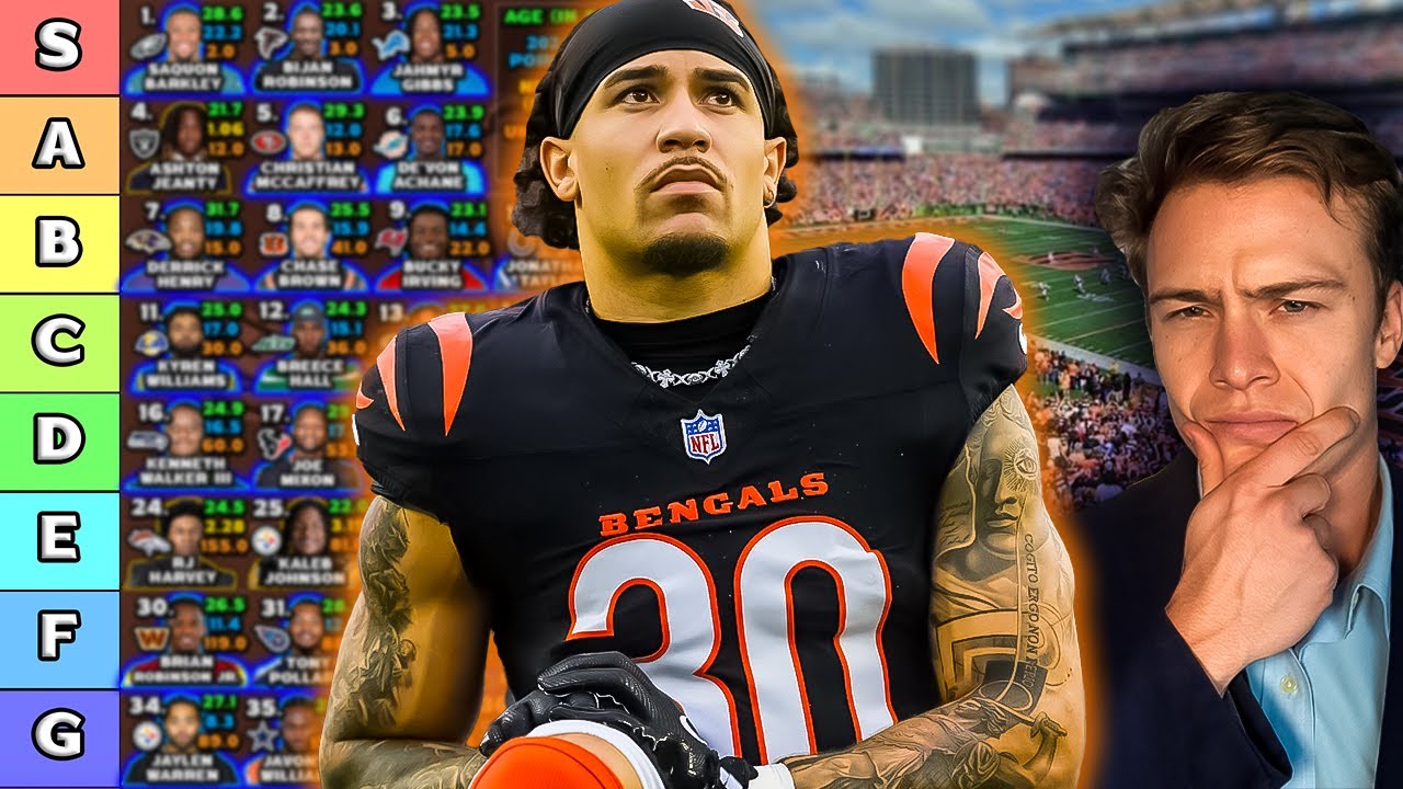 YouTube post by @Flockfantasy for Underdog Fantasy. Caption reads: Top 40 Running Back Rankings & Tiers - 2025....