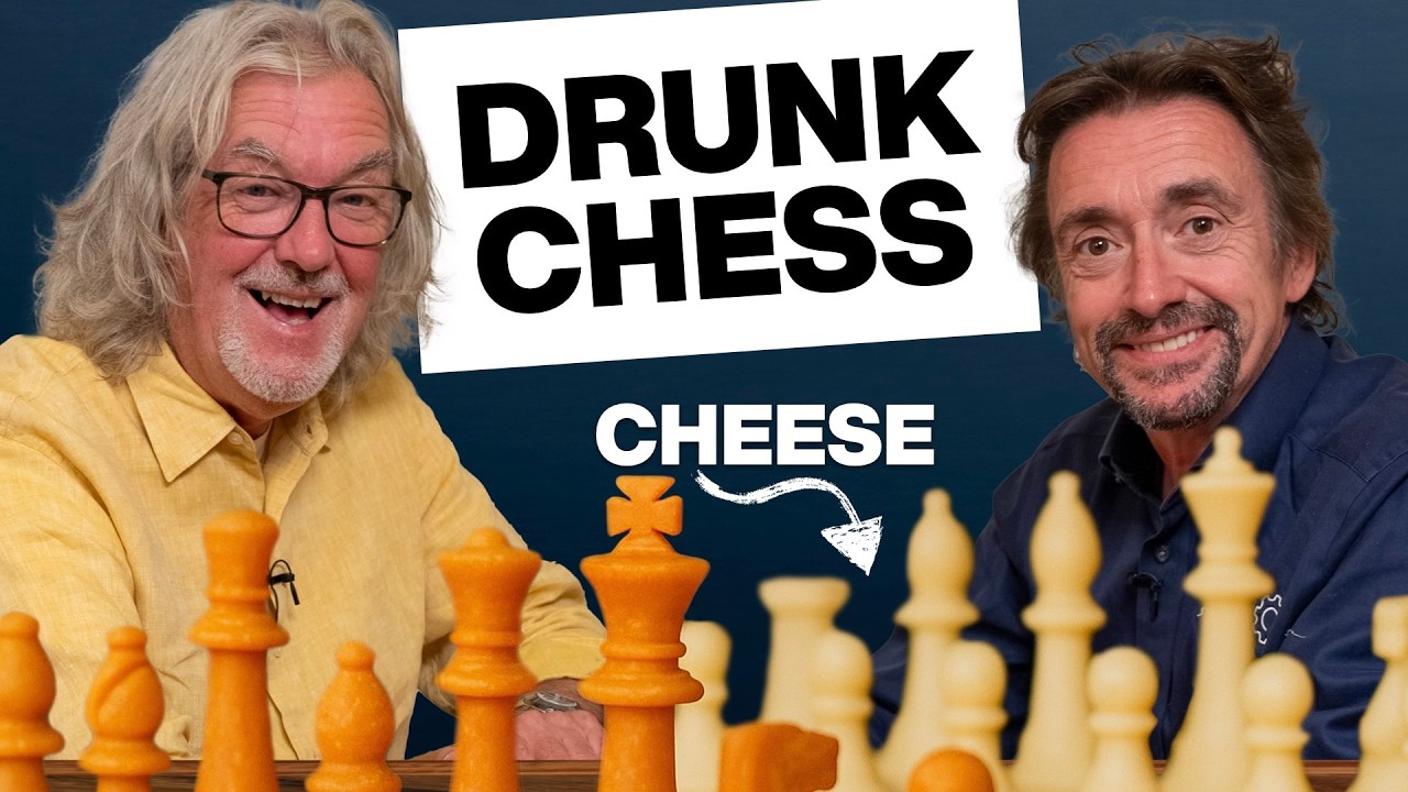 YouTube post by @JamesMayDrinks for discoveryplus. Caption reads: Hammond & May play cheese chess while drinking.