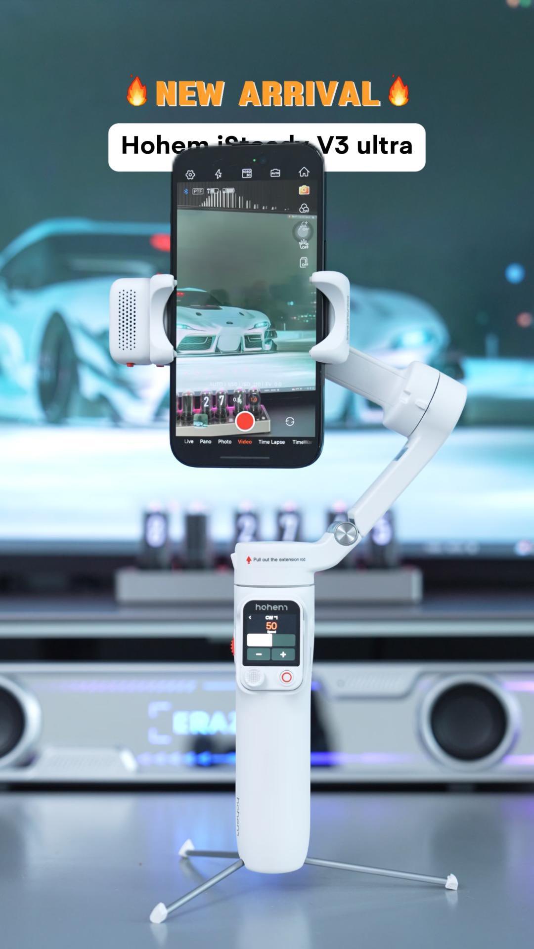 Instagram post by @goussve.km for Hohem. Caption reads: Unbox Hohem Newest Isteady V3 ultra phone gimbal!....