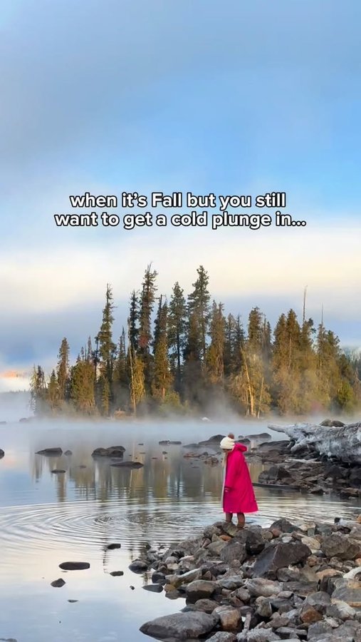 Instagram post by @voyageswithval for dryrobe. Caption reads: Would you cold plunge in Fall or Winter? #ad ❄️....