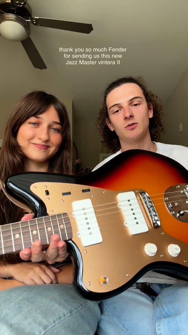 Instagram post by @jakeandshelbyofficial for Fender. Caption reads: whaaat! thank you @fender for sending us this....