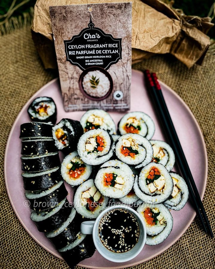 Instagram post by @brown_ceylonese_foodjournal for Cha's Organics. Caption reads: [...] Rice aka Suwandhal (සුවදැල්) from....