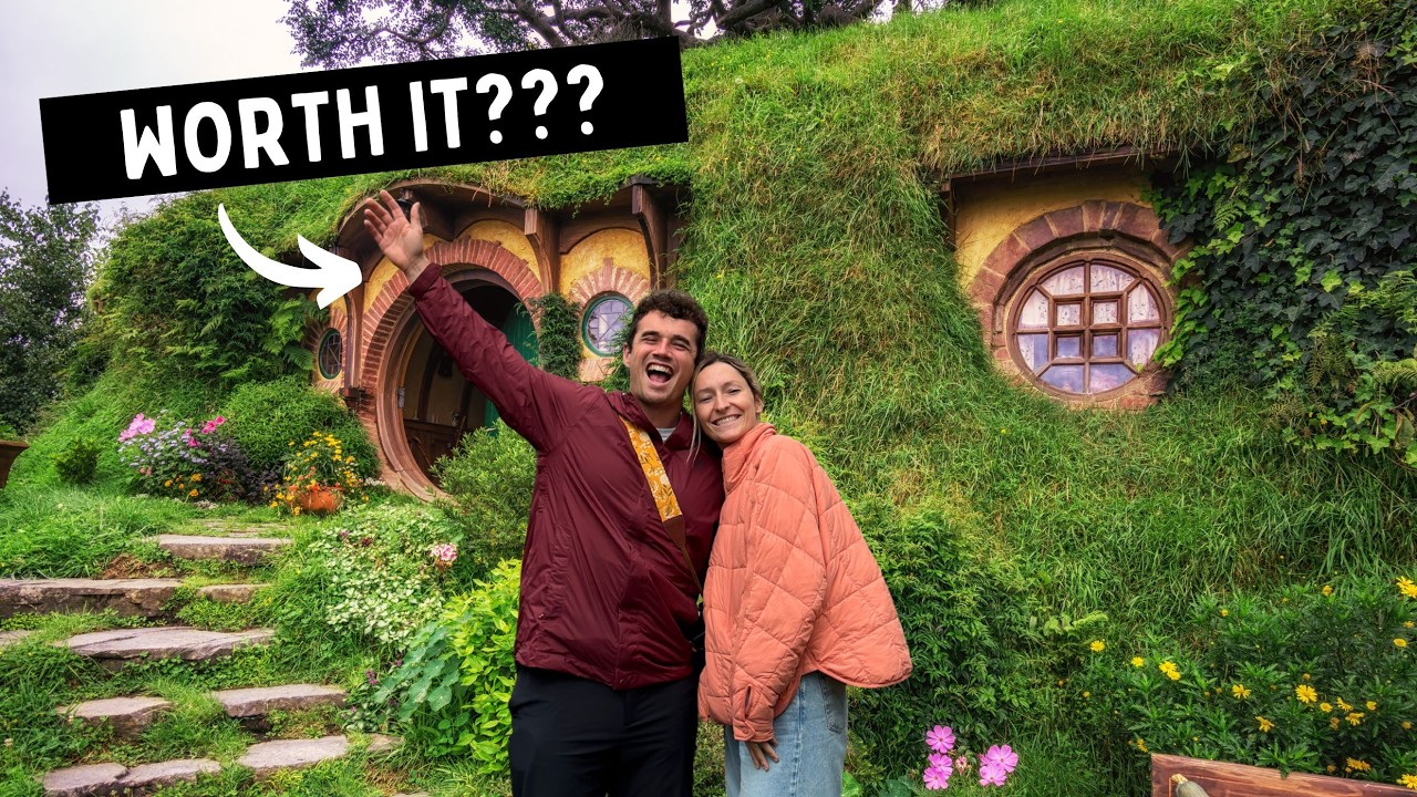 YouTube post by @TheLoversPassport for Away. Caption reads: Join us on a guided tour through the Hobbiton....