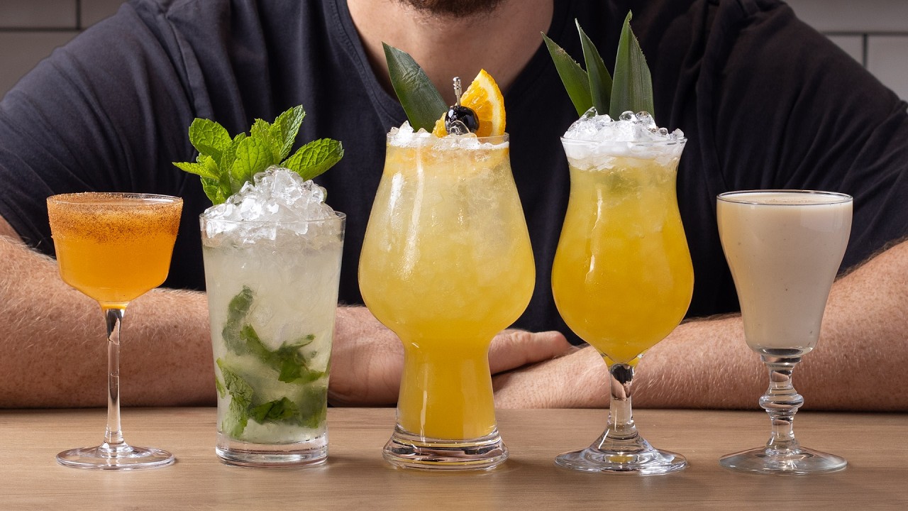 YouTube post by @StevetheBartender_ for Bacardi. Caption reads: 10 rum cocktails with only 1 bottle!.