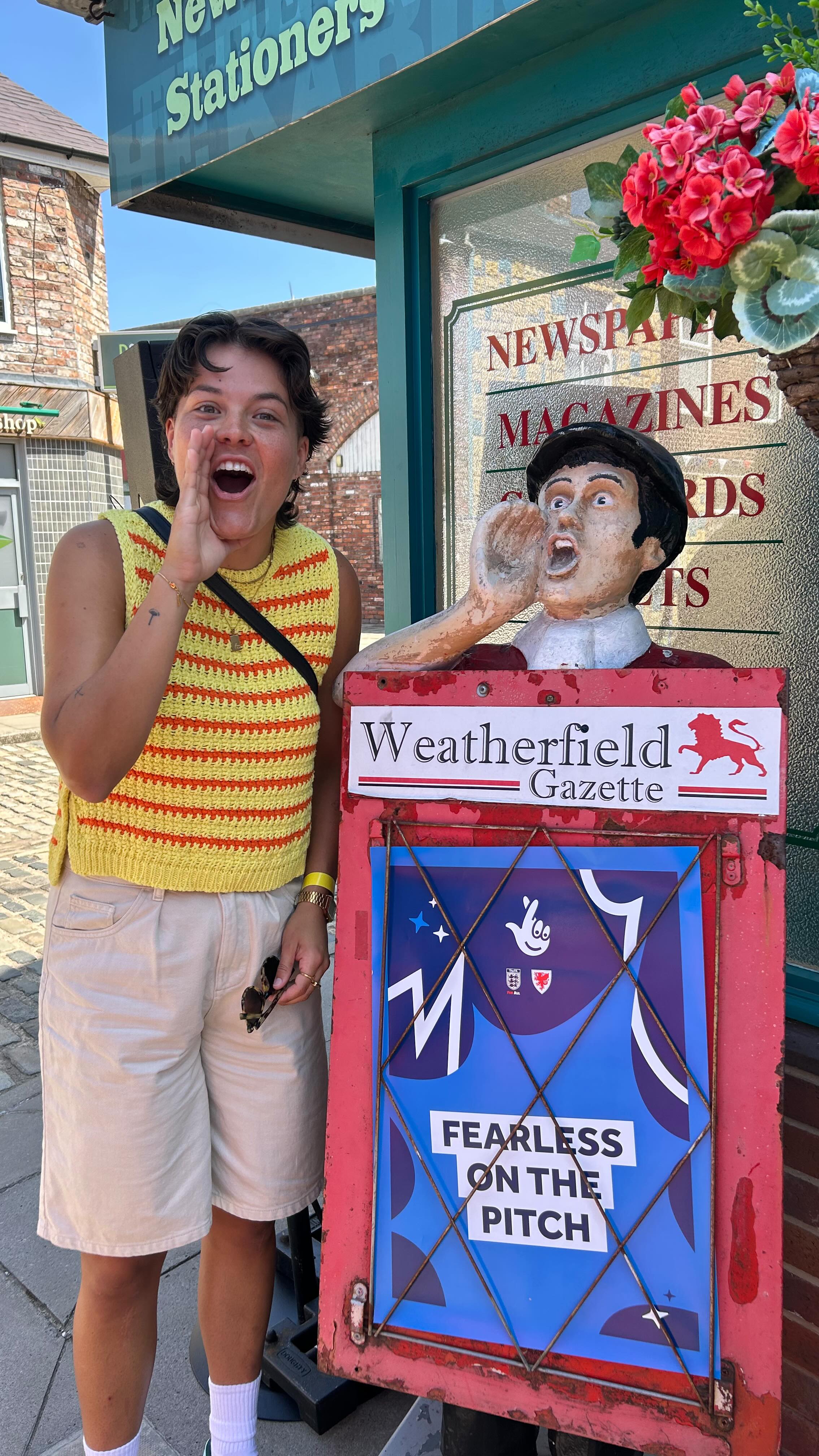 Instagram post by @georgiarbrt for National Lottery Good Causes. Caption reads: What a day on the iconic @coronationstreet....