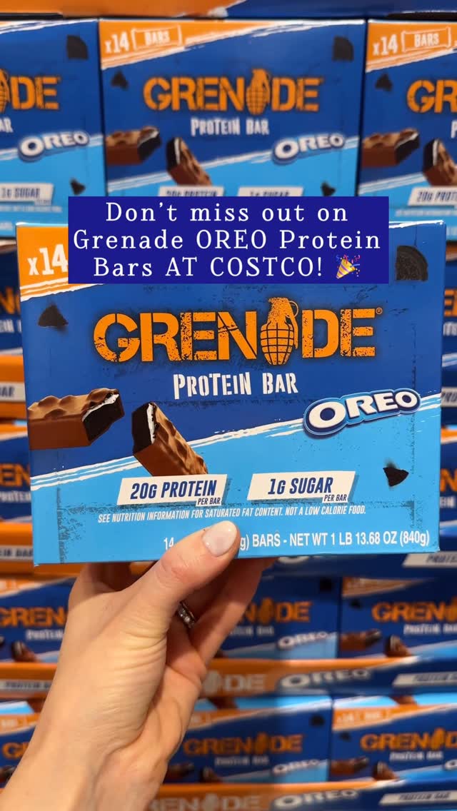 Instagram post by @costcofoodreviews for Grenade. Caption reads: BIG NEWS! 🎉 #ad don’t miss @grenadeofficial OREO....