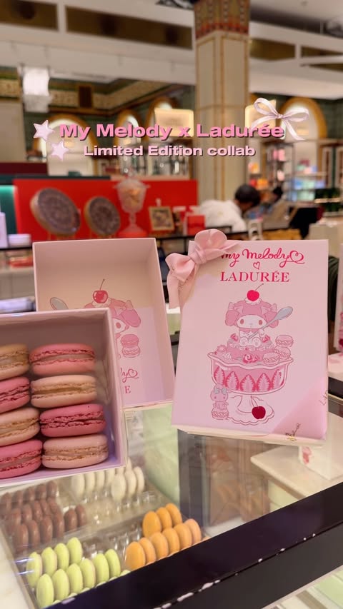 Instagram post by @with.edith for LADUREE PARIS OFFICIEL. Caption reads: Sanrio lovers! The sweetest collab has landed at....