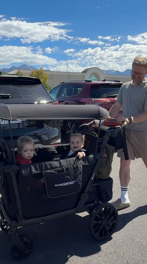 Instagram post by @thetwinstadads for WonderFold. Caption reads: #WonderFoldPartner Leaving the house with twins is....