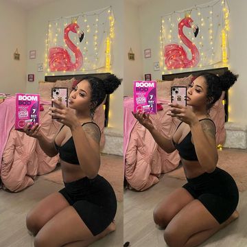 Instagram post by @_therealtayaa for BOOMBOD. Caption reads: [...] goals a favor and check out these @boombod....