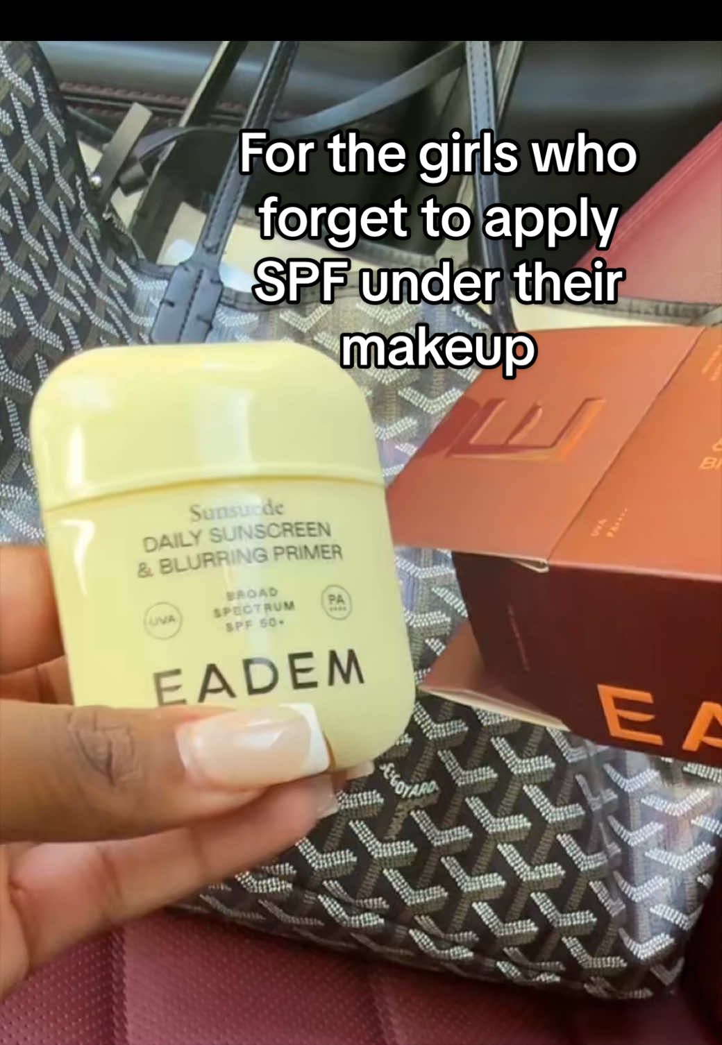 TikTok post by @whateverbeewants for Eadem. Caption reads: [...] who forget to put SPF on before makeup....