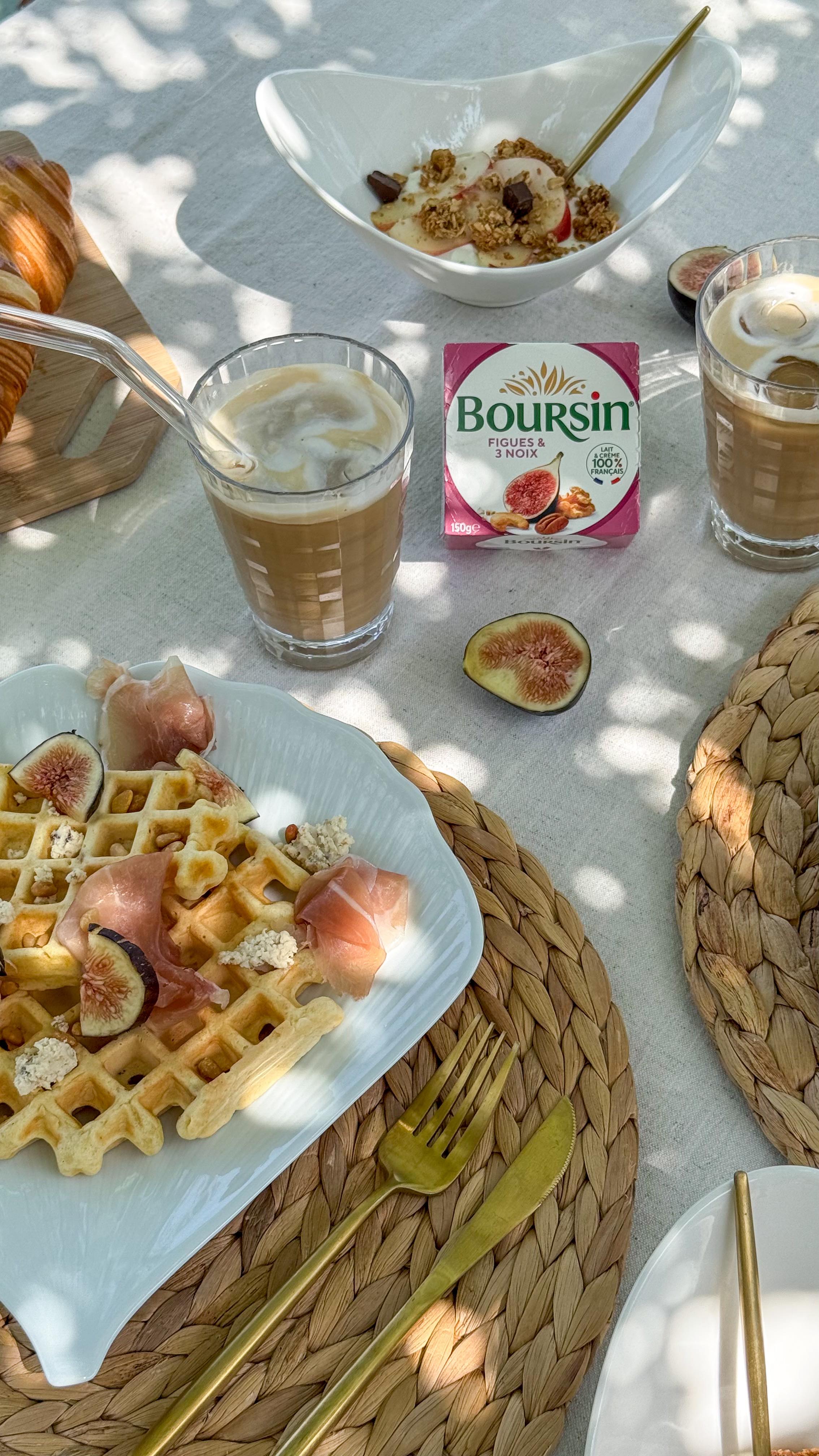 Instagram post by @marjolainecooking for Boursin. Caption reads: BRUNCH du week-end 🧇
Publicité - avec Boursin®....