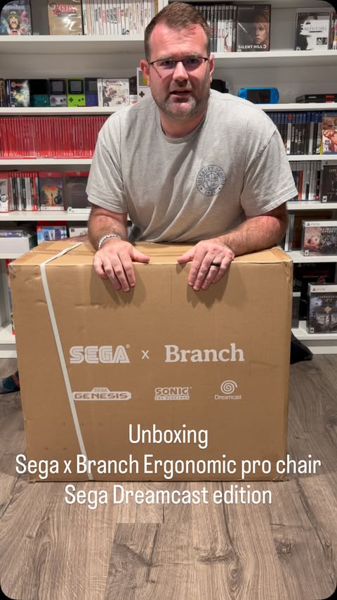 Instagram post by @nickysgamegallery for SEGA. Caption reads: Unboxing the @sega x @branchfurniture Ergonomic....