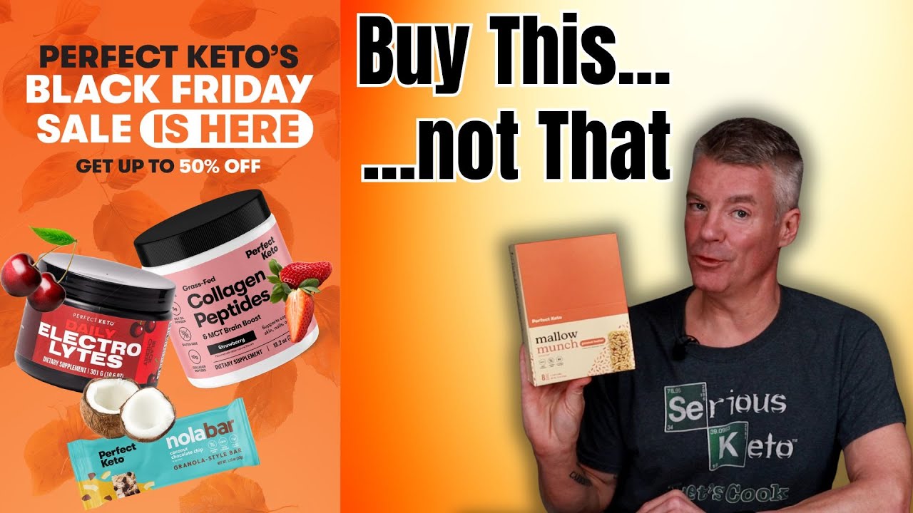 YouTube post by @SeriousKeto for Perfect Keto. Caption reads: Don't Shop Perfect Keto's 50% Off Sale without....
