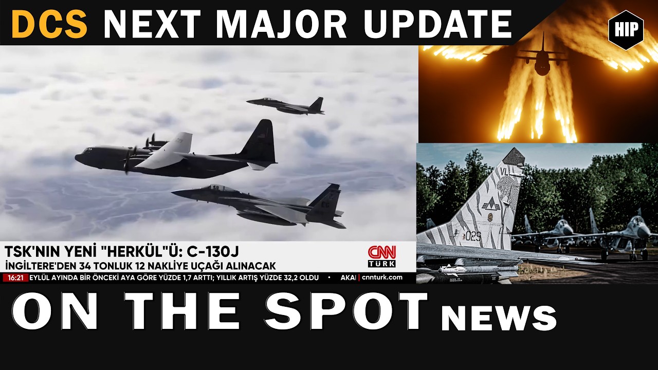 YouTube post by @hipgames for MOZA Racing. Caption reads: 🔥 DCS C-130J Spotted on CNN?! Major DCS Update....