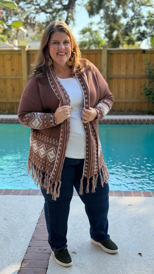 Instagram post by @pots_pans_priscilla for BloomChic. Caption reads: Love this boho cardigan. Perfect to throw over any....
