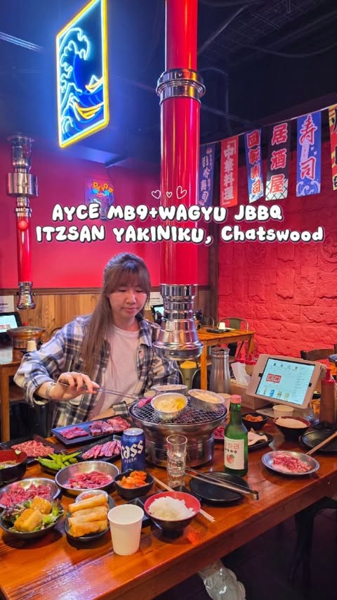 Instagram post by @glowchaewon.blooms for Sydney's Food Scene. Caption reads: POV: We've found UNLIMITED MB9 WAGYU at an AYCE....