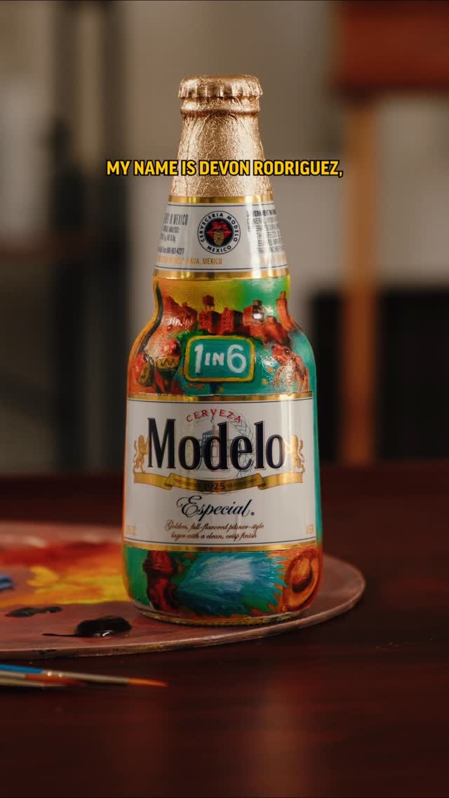 Instagram post by @devonrodriguezart for Modelo USA. Caption reads: My roots. My art. My bottle with @ModeloUSA #AD....