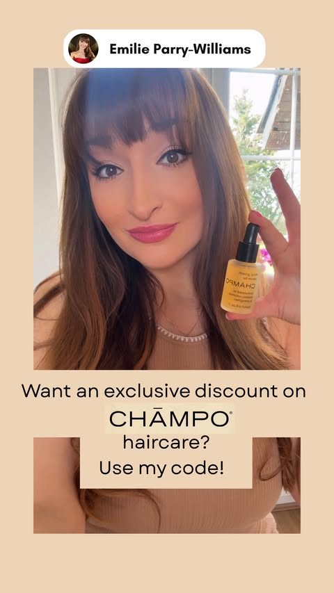 Instagram post by @emilieparrywilliams for Chāmpo Haircare. Caption reads: Guess who has a CHĀMPO discount code! ✨✨ 😍😍😍....