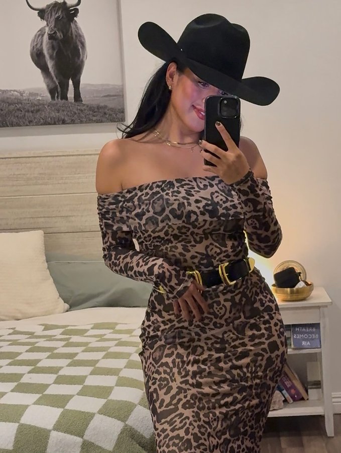 Instagram post by @evelynojedaa for Merokeety. Caption reads: [...] 🔗 in LTK.

Felt hat: @baileywestern 
Dress:....