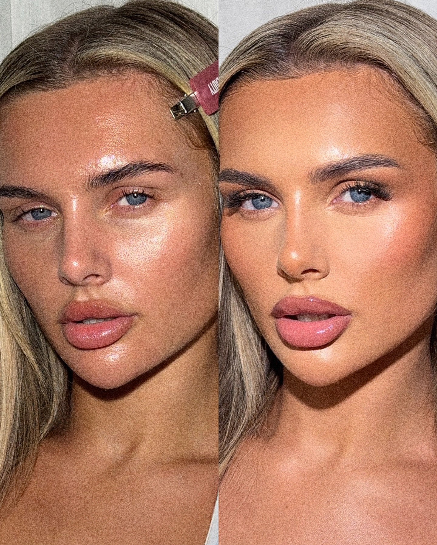 Instagram post by @danbeaumontmakeup for Doll Beauty. Caption reads: Before & After @poppyharrisonx ✨ Foundation....