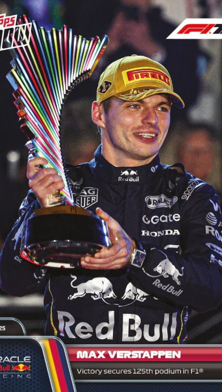 Instagram post by @kanav.bhagat98 for Topps. Caption reads: This one’s special. 🏎️ Max Verstappen Topps NOW....